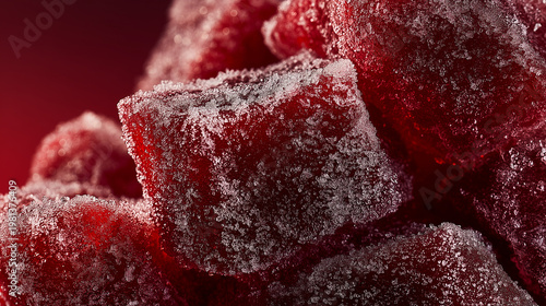 Close up of frozen raw meat chunks covered in heavy frost, textured surface, cold storage concept, frozen food background with icy crystals.