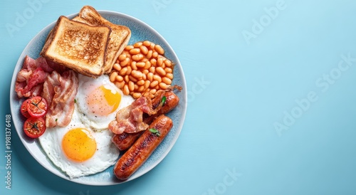Delicious Full English Breakfast with Fried Eggs and Bacon.