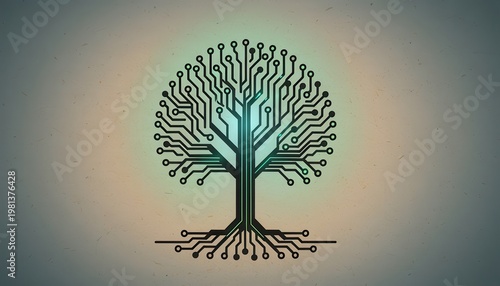 A futuristic tree with glowing circuits and roots grows in a digital landscape.