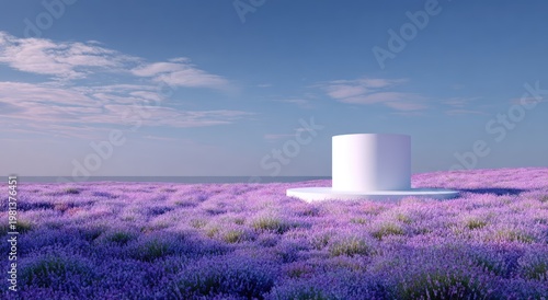Serene Lavender Field with Minimalist White Podium Under a Cloudy Sky.