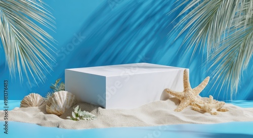 Minimalist White Pedestal on Sandy Beach with Seashells and Starfish.