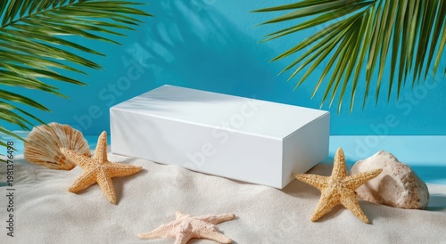 Minimalist White Podium on Sandy Beach with Starfish and Palm Leaves.