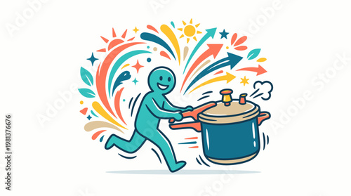 Cartoon Person Running with a Pressure Cooker