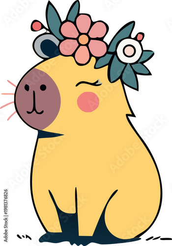 Cute Capybara with Flower Crown Flat Vector Illustration in Kawaii Style, Adorable Animal Character for Stickers, Kids Design, Social Media and Nursery Decor