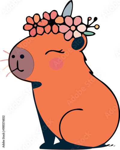 Cute Capybara with Flower Crown Flat Vector Illustration in Kawaii Style, Adorable Animal Character for Stickers, Kids Design, Social Media and Nursery Decor