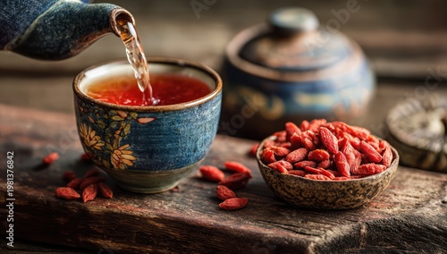 Goji Berry Tea Being Poured into a Traditional Cup with Berries Nearby.