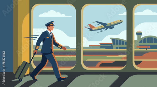 Airline Pilot with Luggage Walking in Airport Terminal