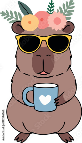 Cool Capybara with Sunglasses Flat Vector Illustration, Trendy Kawaii Animal Character for Stickers, Summer Design and Social Media