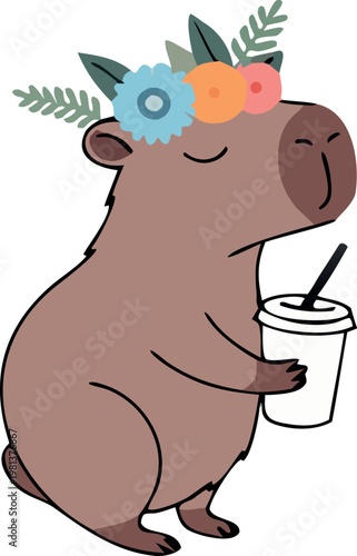 Cute Capybara Drinking Juice Flat Vector Illustration, Kawaii Animal Character for Summer Stickers, Social Media and Beverage Design