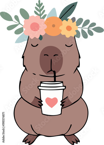 Cute Capybara Drinking Coffee Flat Vector Illustration in Kawaii Style, Funny Animal Character for Stickers, Social Media and Cozy Lifestyle Design
