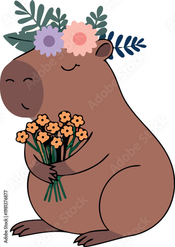 Cute Capybara Holding Flowers Flat Vector Illustration, Kawaii Animal Character for Greeting Cards, Stickers and Romantic Design
