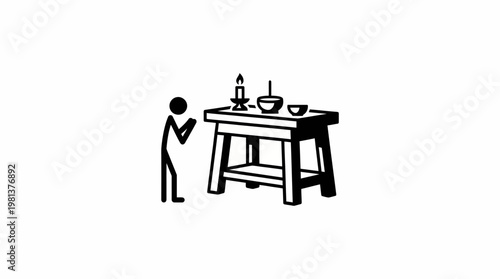 Minimalist Stick Figure Praying at a Religious Altar