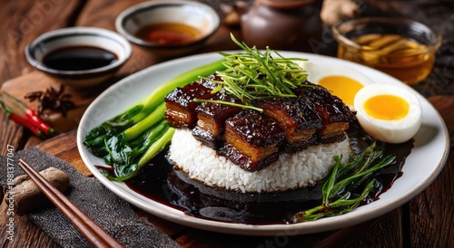Gourmet Braised Pork Belly Rice Bowl with Soft Boiled Egg and Greens.
