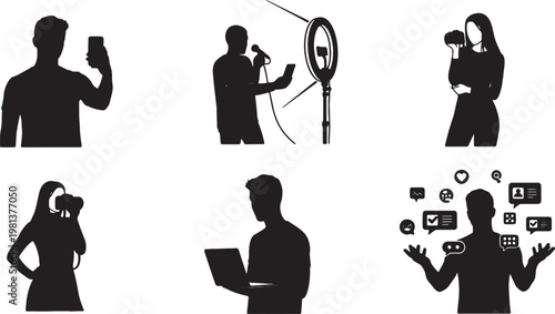 Social Media Influencer and Content Creator Silhouette Icon Set