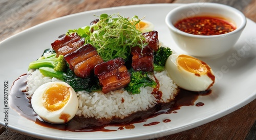 Delicious Crispy Pork Belly Rice Bowl with Boiled Egg and Chili Sauce.
