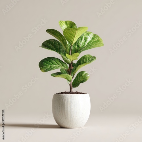 A small potted Fiddle Leaf Fig plant in a white ceramic pot against a neutral background.