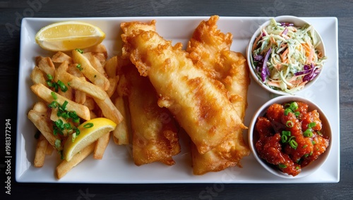 Delicious Crispy Fish and Chips Meal with Coleslaw and Salsa.