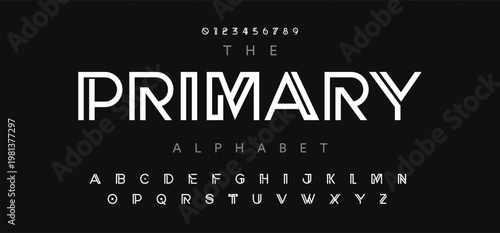 PRIMARY Digital style alphabet, font from line, letters and numbers made in linear style, vector illustration 10EPS
