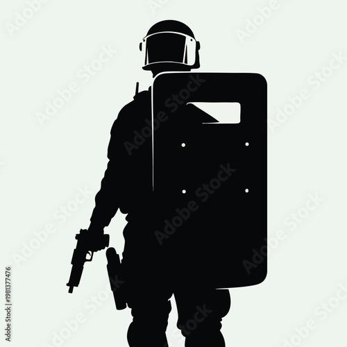 Silhouette of a Sturdy Helmeted Security Guard Holding a Shield and a Wand in a Bold Stance