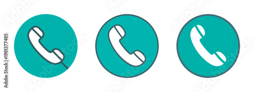 Set of three phone icons in circle with shadow effect on white background.