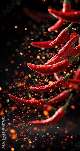 Close-up of Ripe Red Chili Peppers with Falling Spice Particles.