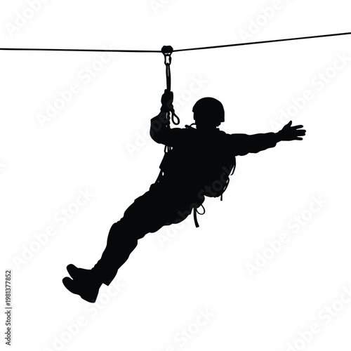 Silhouetted Person Ziplining Over a Scenic Landscape