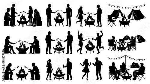 Silhouettes of People enjoying Activities around a Fire Pit Including Marshmallow Roasting Dancing and Camping with Tents Fire Pit Vector Icon Set