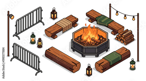 Isometric Fire Pit Gathering Vector with Log Benches Lanterns String Lights and Fencing for a Backyard Party or Campground Event