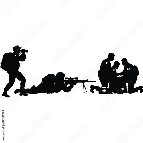 Military training soldiers with equipment on modern combat field