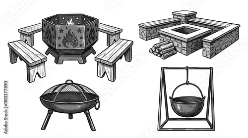 Monochrome vector collection of various outdoor fire pit designs, featuring metal bowls, stone fireplaces with wooden benches, and a hanging cooking cauldron for backyard patios