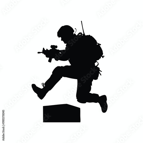 Silhouette of a Soldier in Tactical Gear Jumping with Rifle in Motion
