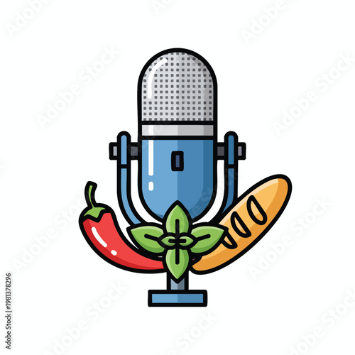 Studio Microphone with Chili Pepper Basil and Carrot for Food and Culinary Content Creation