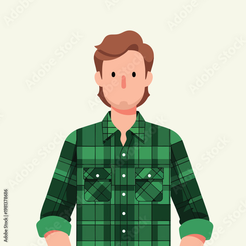 Casual Man in Green Plaid Shirt with a Thoughtful Look