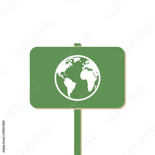 A simple graphic of a green signpost with a white globe symbol on it, representing global environmental awareness and sustainable practices