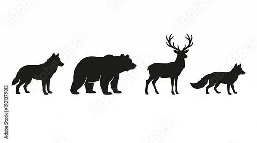 black silhouettes of wolf bear deer and fox animals