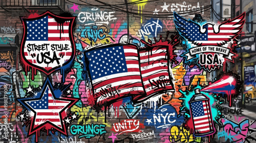 Vibrant street art mural featuring american flags in NYC urban landscape