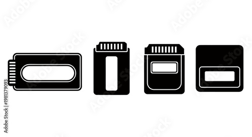 Set of four black USB flash drives displayed on white background with varied shapes.