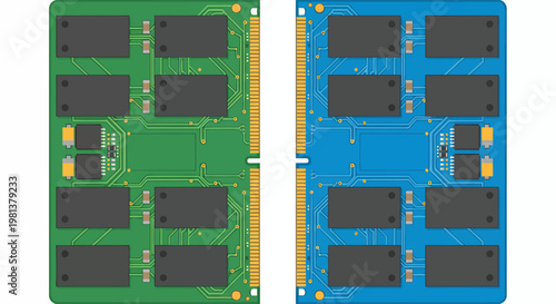 Pair of RAM modules in blue and green on a circuit board, close up of computer hardware components.