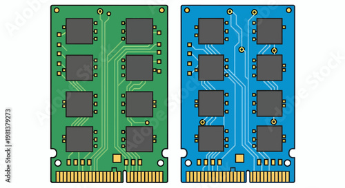 Two DDR RAM Modules in Green and Blue PCBs Highlighting Computer Memory Upgrade.