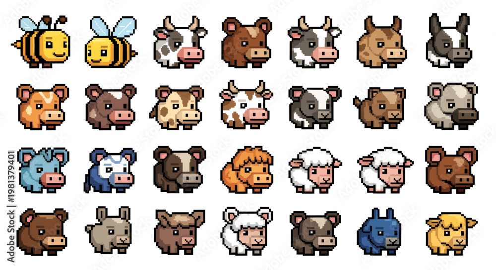 Obraz premium Collection of Cute Cartoon Pets and Farm Animals in a Colorful Grid.