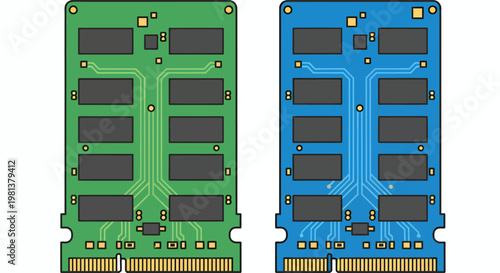 Two computer RAM memory modules in green and blue PCBs with slots and chips.