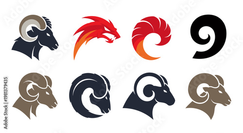 Collection of stylized ram head logos in multiple colors and designs for branding and graphic use.