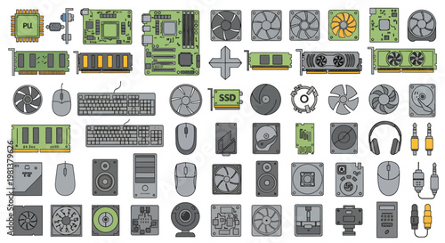 Collection of engineering components and digital circuit patterns arranged in a compact grid.