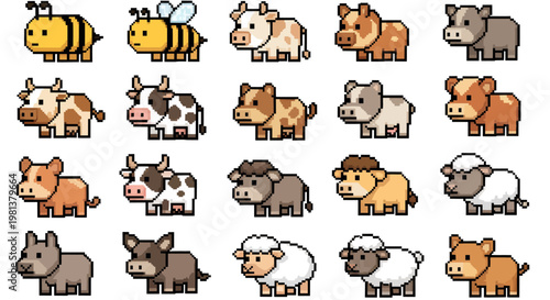Collection of cute farm animals including cows and calves in a cartoon grid.