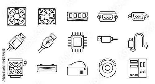 Close-up collage of computer components and hardware parts including fans, cables, boards, and microchips.