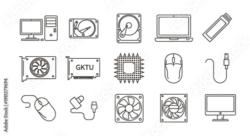 Collection of tech and computer hardware icons including CPU, motherboard, fans, drives, and peripherals.