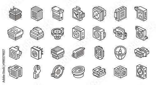 Isometric grayscale gadget icon set featuring cameras, devices and electronics for UI design.