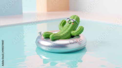 Cactus on inflatable ring floats in pool during summer for relaxation and enjoyment in a tropical setting