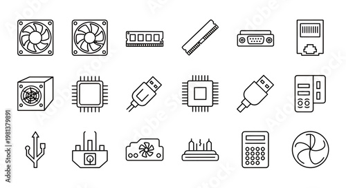 Collection of assorted electronic and tech icons including components and devices for UI design.