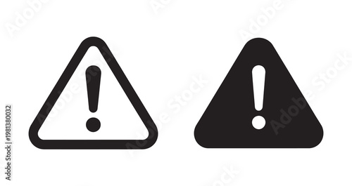 Warning triangle sign icons in line and solid black fill style set.
